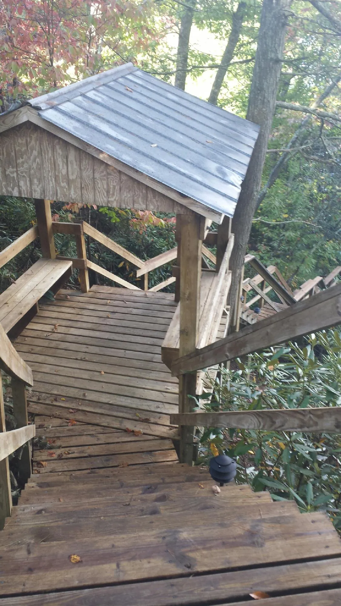 Metal roofed shelter over wooden steps on a wooded walkway — Skylight Repair & Installation work by our crew in Hayden